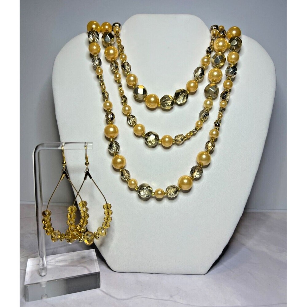 Gold South Pacific Shell Pearls & Glass 3 Strand Necklace & Earring Set, (0101)